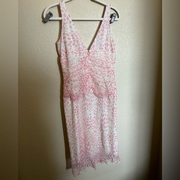 Vintage Y2K Silk Trina Turk Midi Dress Polka Dot Ruched Flowy Sz 6 in White Pink - Picture 5 of 7